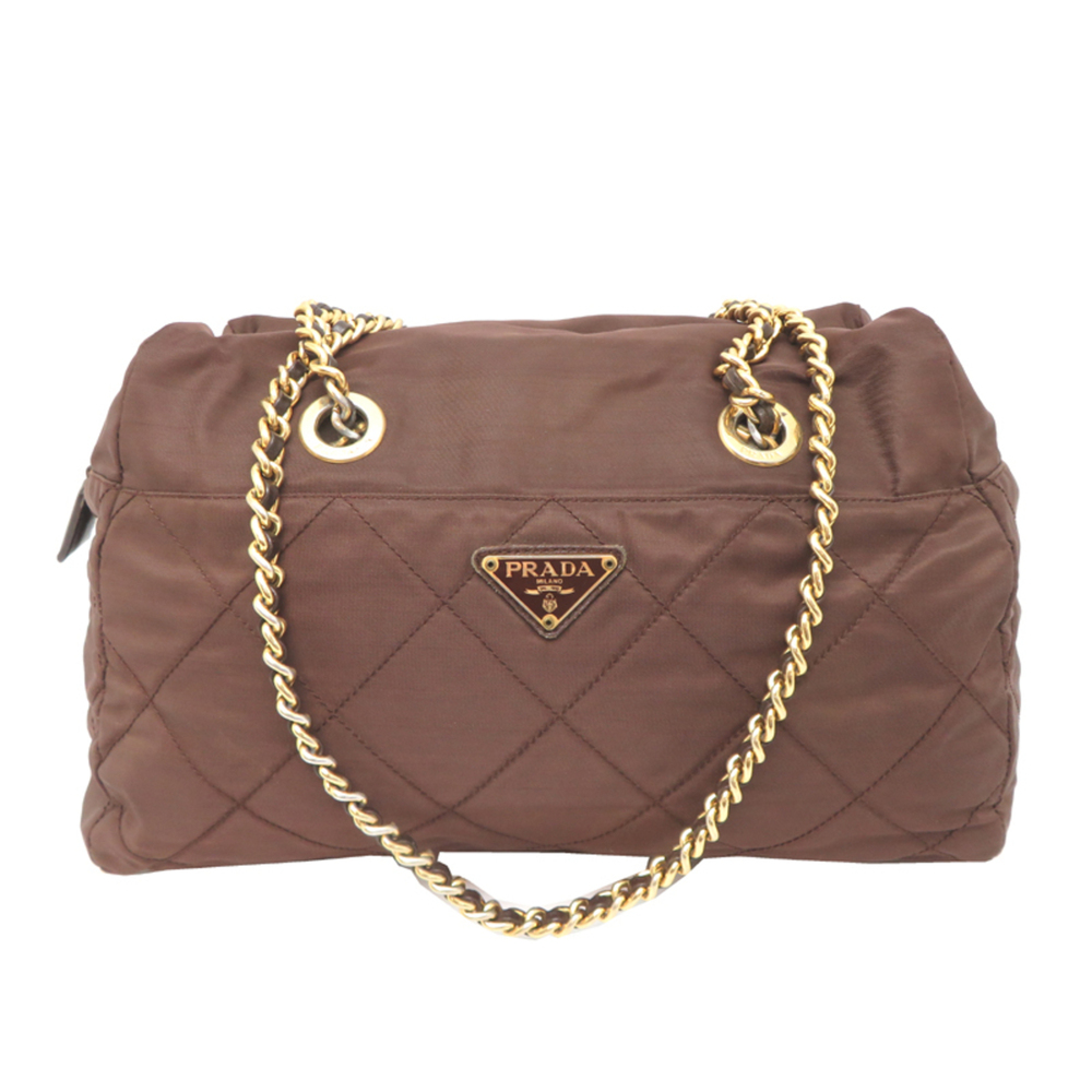 Prada Quilted Chain Tote Bag for Women, Nylon, Brown
